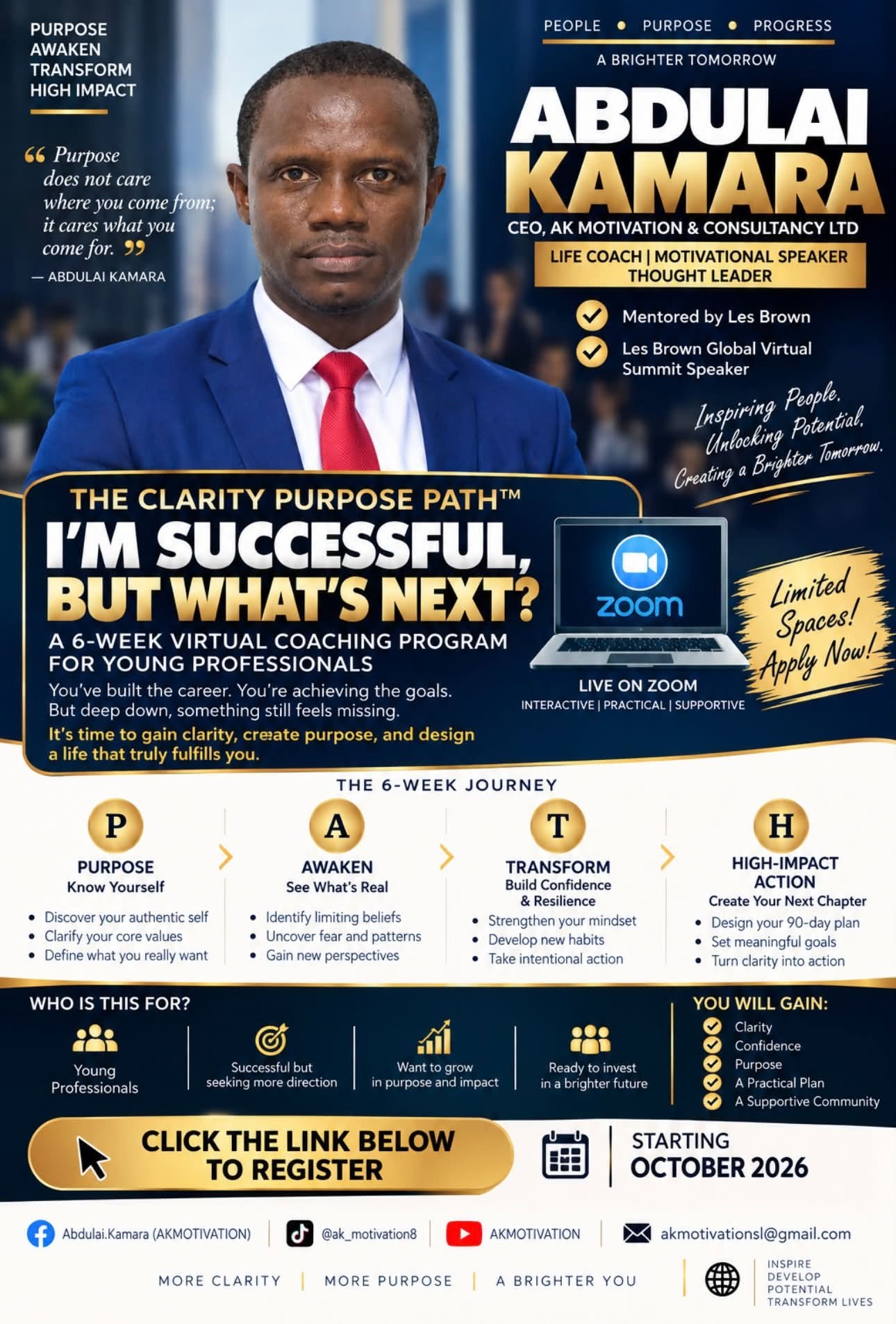 Clarity Purpose Path program flyer: I'm successful, but what's next? A 6-week virtual coaching program for young professionals, starting October 2026